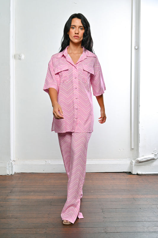 Pink chevron zig zag print shirt, blouse, linen, tencel, coord set, co ord set, matching set, women ladies unisex, front pose. 